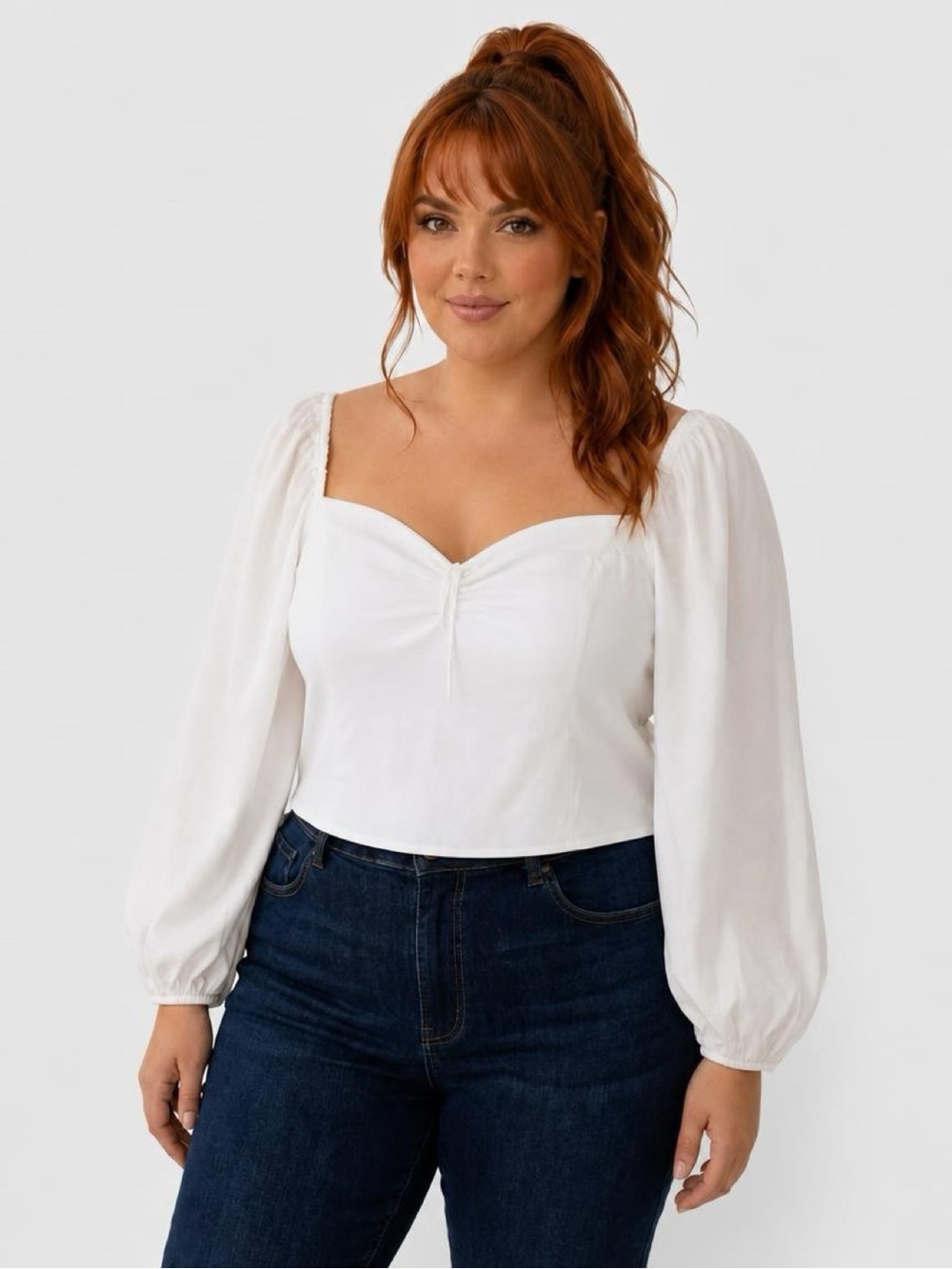 White Sweetheart Neck Puff-Sleeve Top - Women